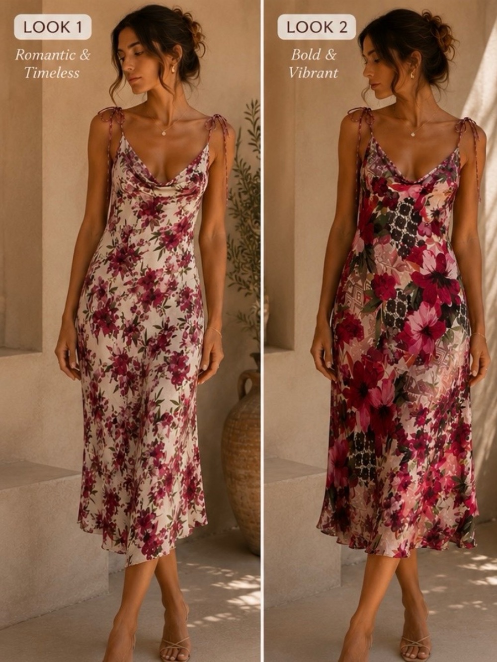 Vintage 1990’s reversible Cowl-Neck Floral Midi Dress — Pink Floral. Y2K